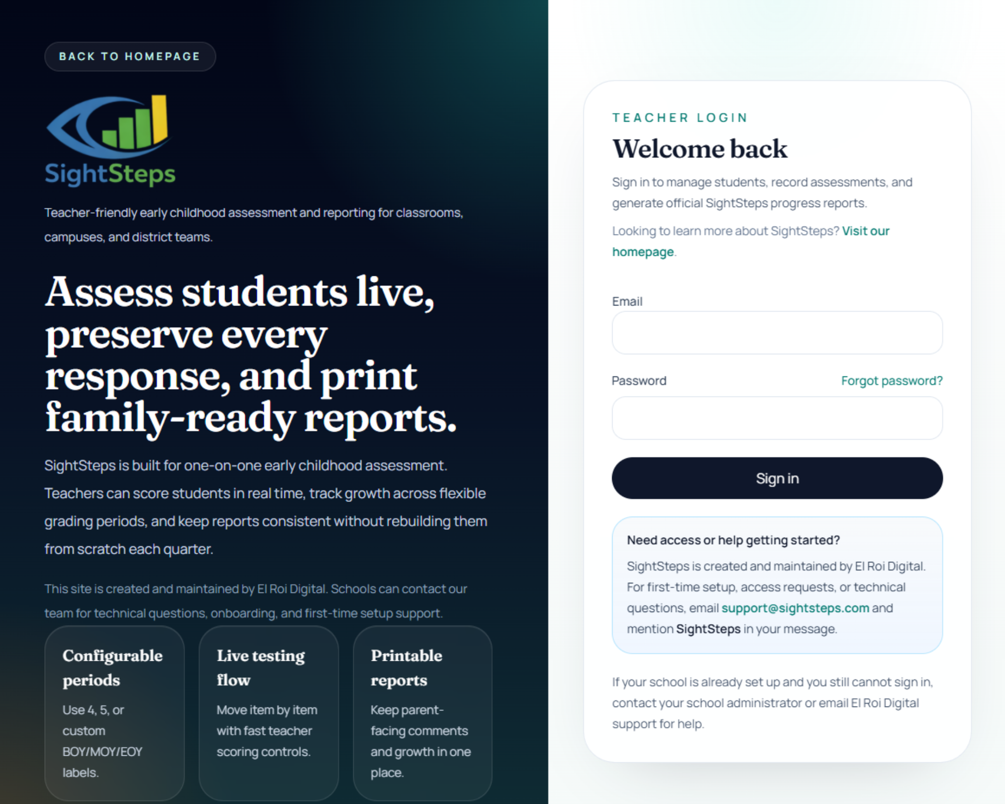 SightSteps login screen for staff access